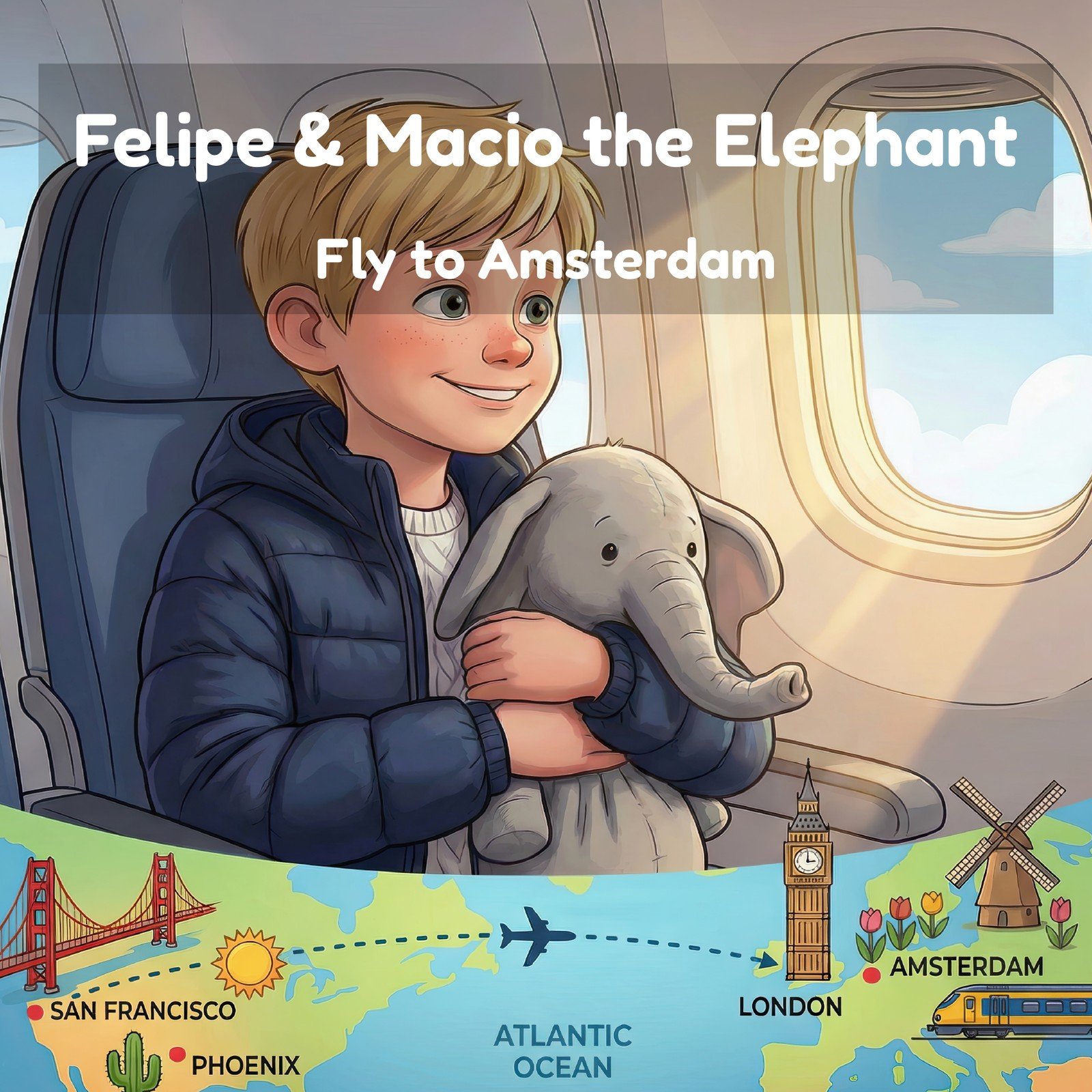 Felipe and Macio the Elephant Fly to Amsterdam — Book 1 storybook cover with title showing Felipe holding Macio on the airplane and a route map below