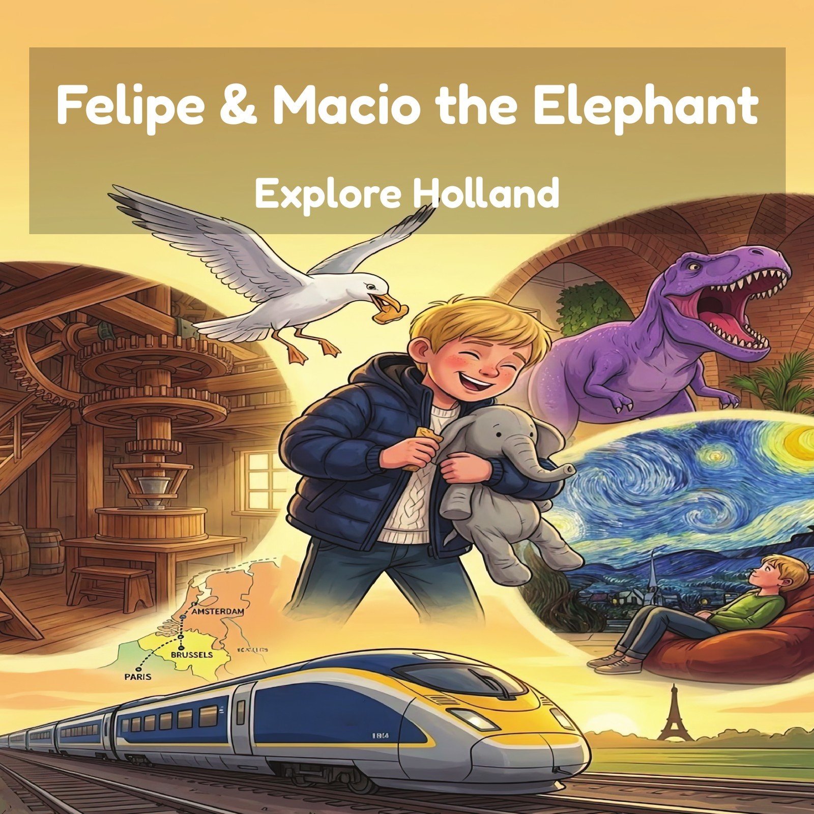 Felipe and Macio Explore Holland Amsterdam picture book cover ages 6-12, windmills, tulips, canals