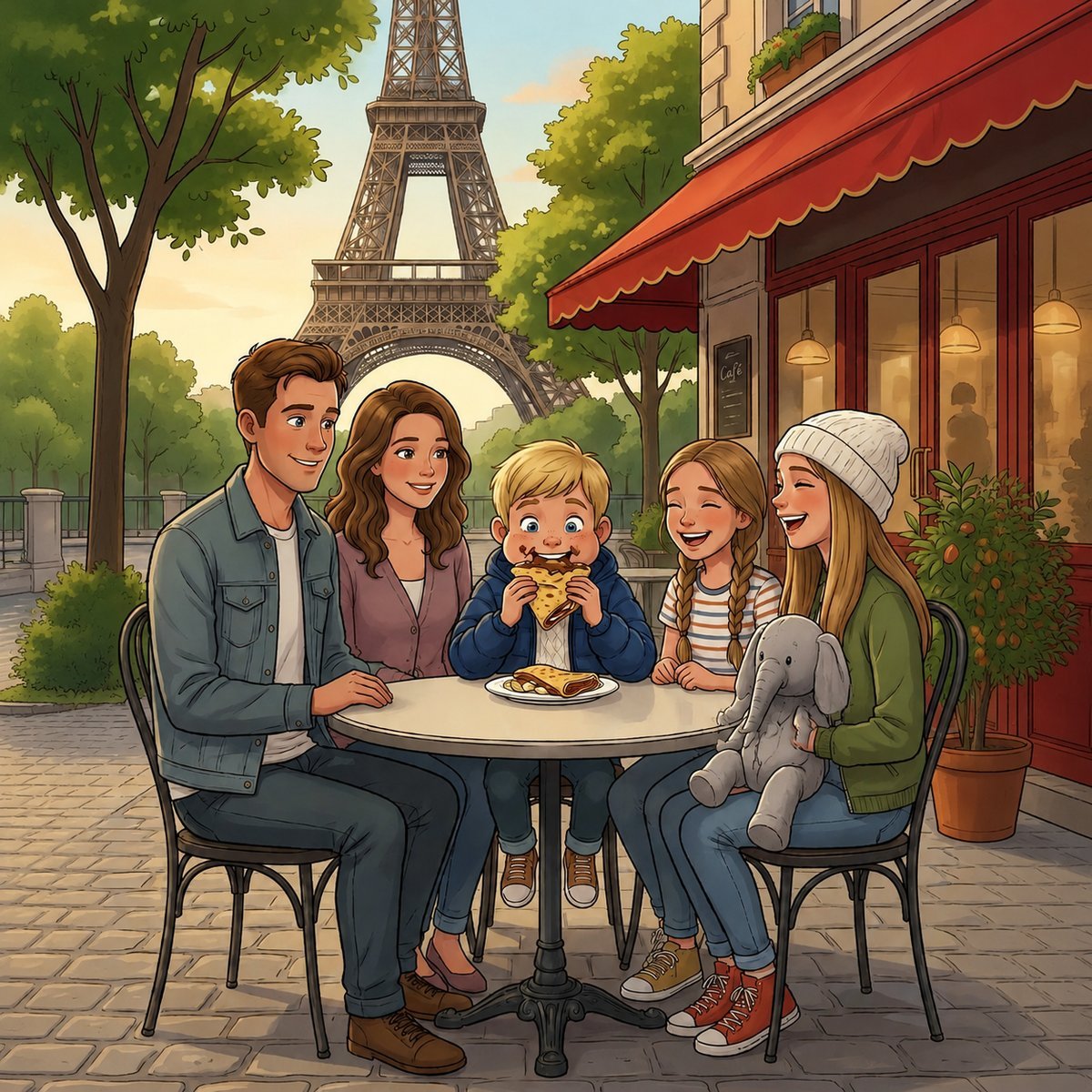 Felipe and Macio at the Eiffel Tower at night - children's book illustration of Paris ages 6-12