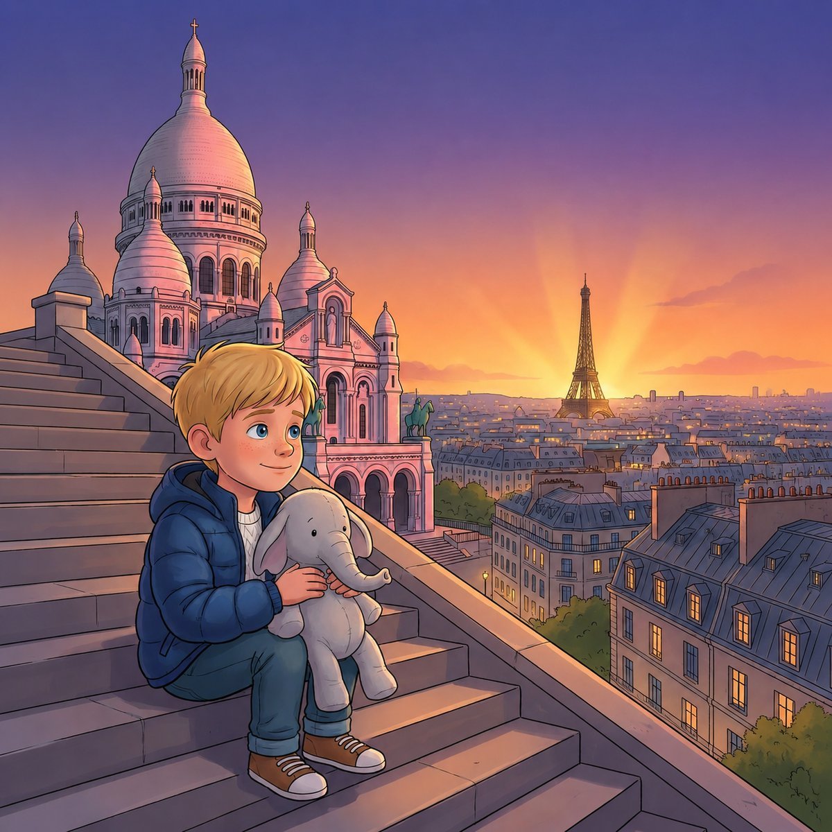 Felipe and Macio at Sacré-Cœur on the hill of Montmartre - children's book illustration of Paris ages 6-12