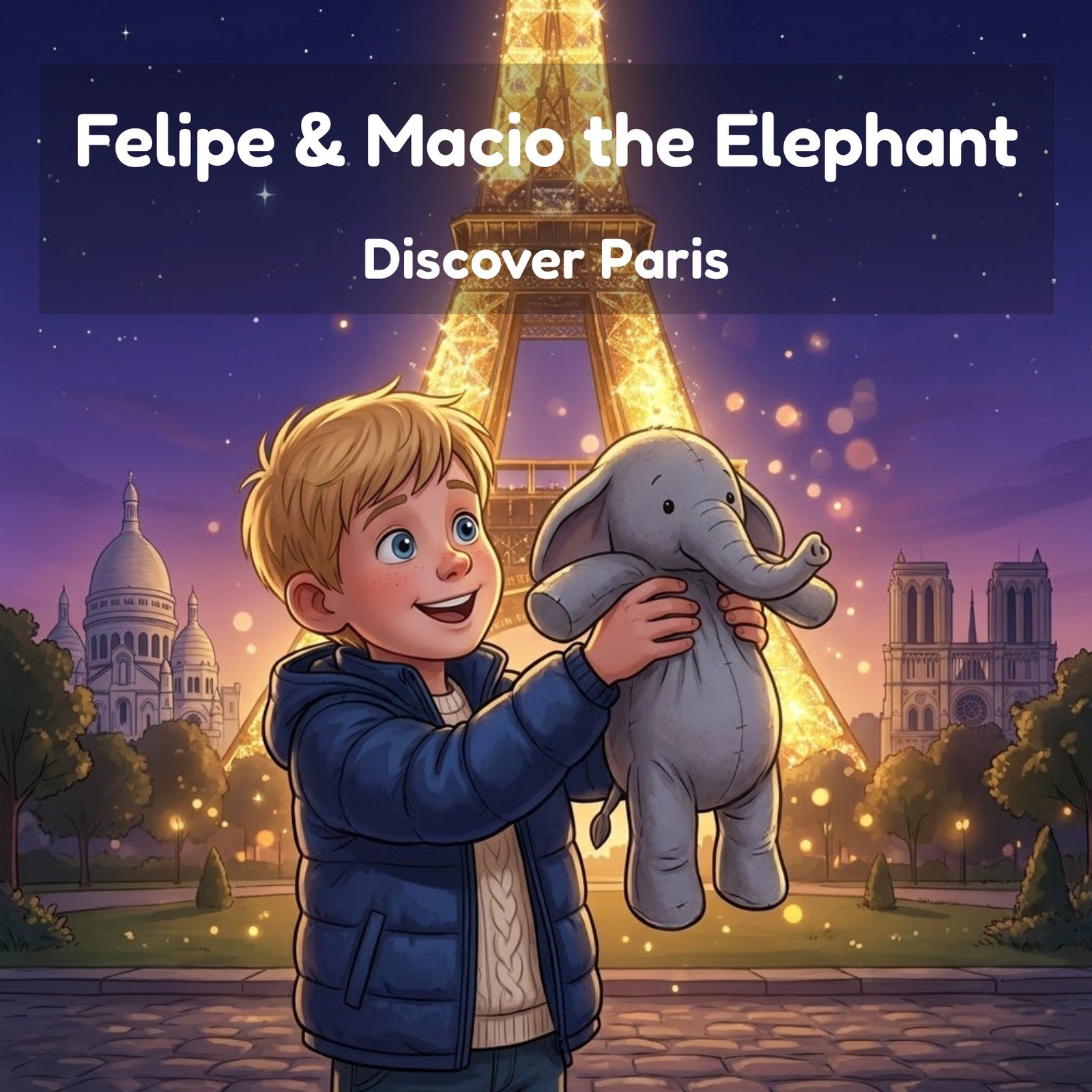 Felipe and Macio Discover Paris Eiffel Tower picture book cover ages 6-12, Louvre and high-speed train