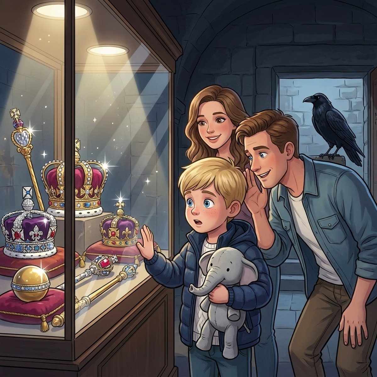 Felipe and Macio at the Tower of London with the Crown Jewels - children's book illustration of London ages 6-12