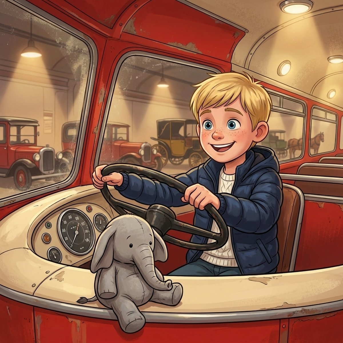 Felipe and Macio on a red double-decker bus in London - children's book illustration ages 6-12