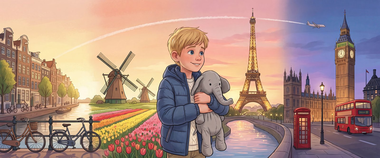 Felipe holding Macio looking out across Amsterdam canals, Holland windmills, Paris Eiffel Tower, and London Big Ben — Felipe and Macio's Adventures children's book series